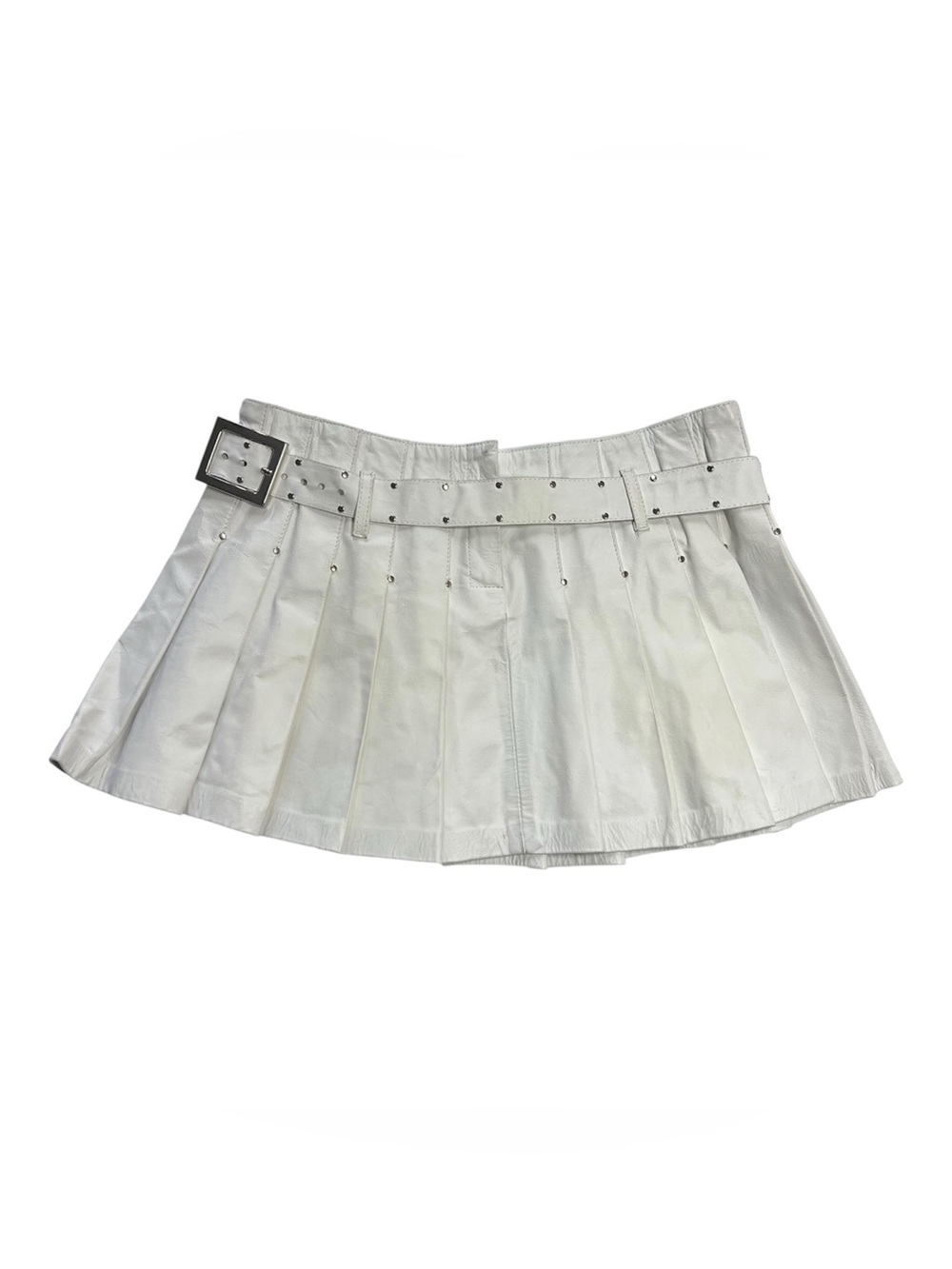 Vintage 100% Genuine Leather White Pleated Belted Mini Skirt Silver Studding